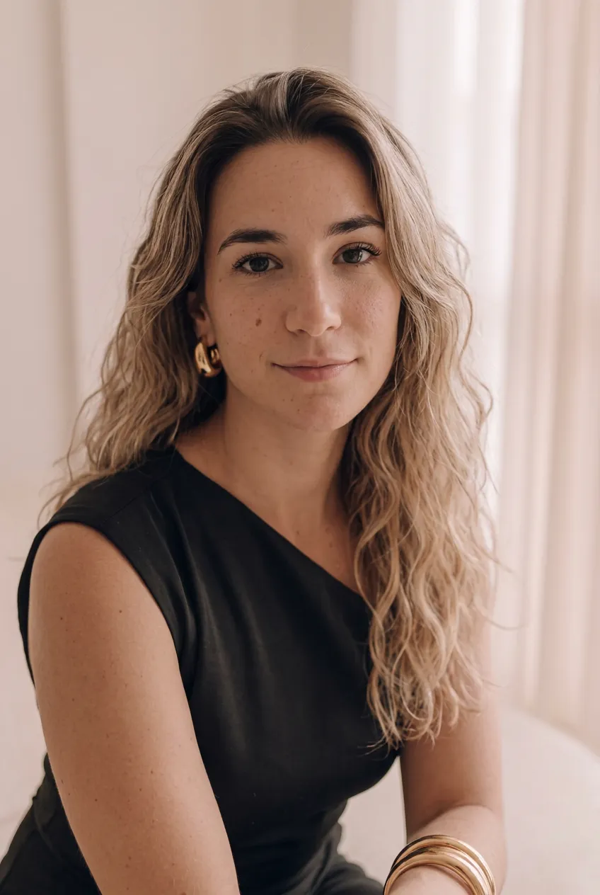 Natalia, founder of Arnau Brand, in a black dress, smiling softly