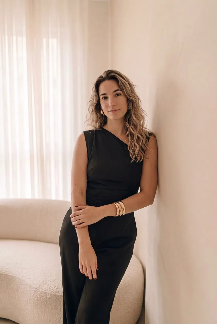 Natalia, founder of Arnau Brand, standing against a cream wall beside a curved sofa
