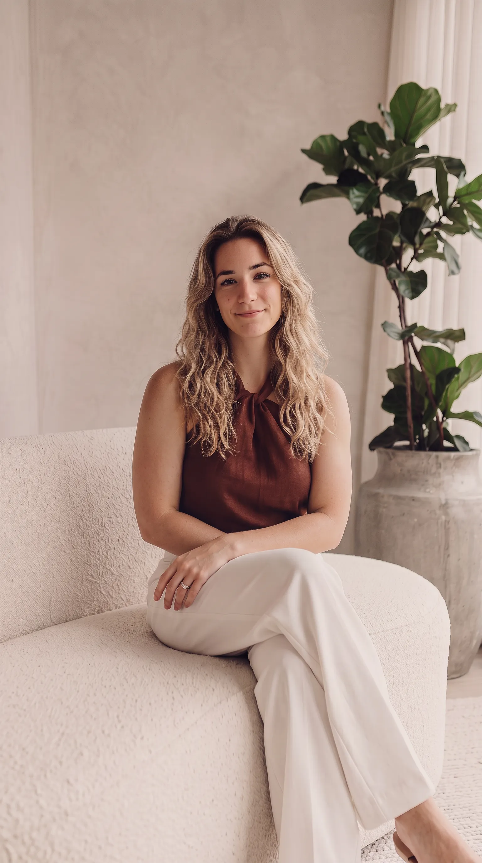 Natalia, founder of Arnau Brand, sitting on a cream sofa