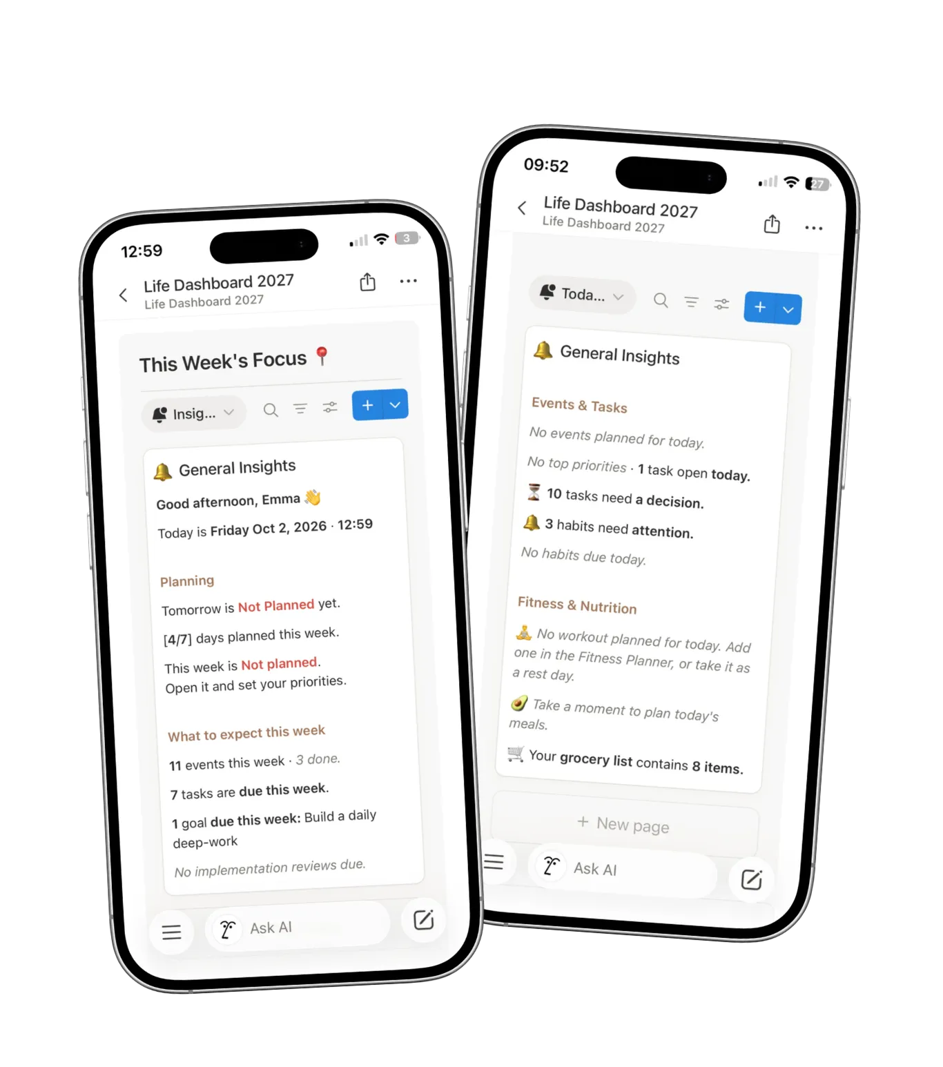 Two phones showing the Life Dashboard 2027 Insights: this week's focus and today's general insights